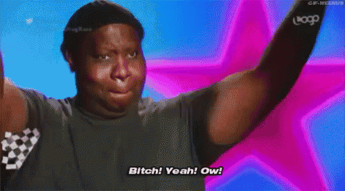 a man is saying bitch yeah ow in front of a purple star