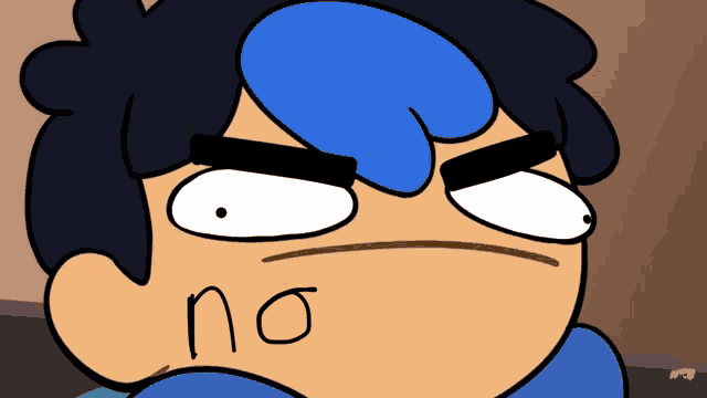 a cartoon character with blue hair has the word no on his face