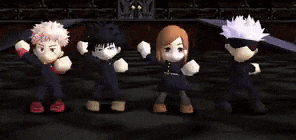a group of stuffed animals are dancing together in a dark room .