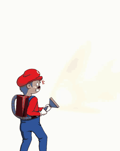 a cartoon drawing of mario holding a vacuum