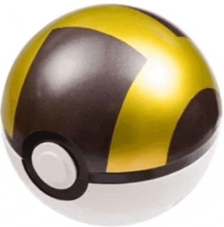 a pokemon ball with a black and gold stripe on it is on a white background .