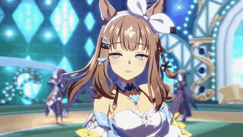 a girl with long brown hair and blue eyes is wearing a white dress with a bow in her hair .