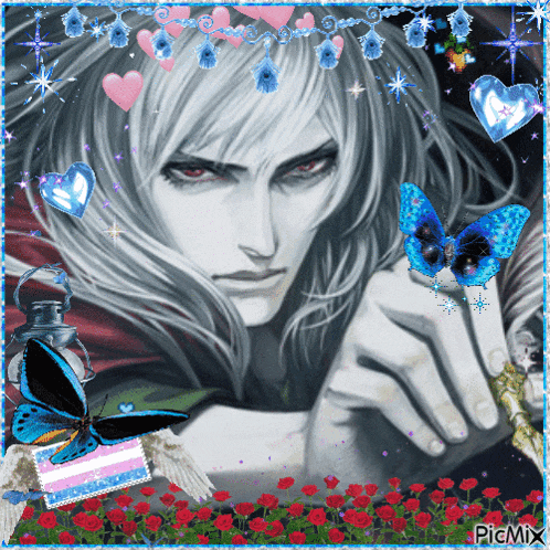 a picture of a man surrounded by butterflies and roses with the words picmix at the bottom