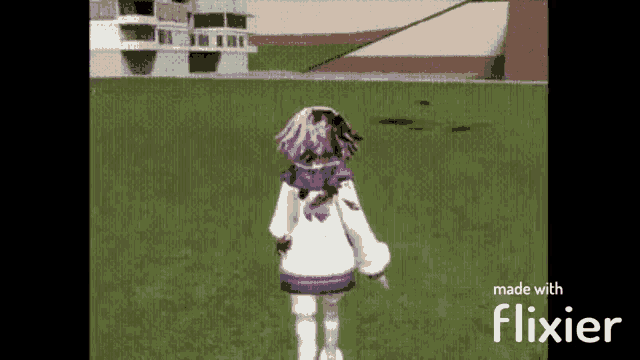 a girl with purple hair is walking in a field with blood on her face .
