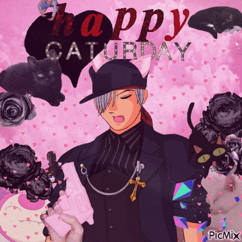 a happy saturday greeting card with a man in a hat
