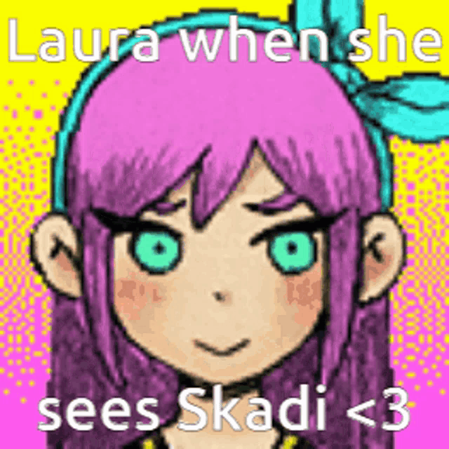 a pixel art of a girl with purple hair and green eyes with the words `` laura when she sees skadi < 3 ''