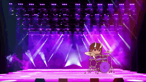 a girl with horns is playing a drum set on a stage with purple lights