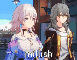 two anime girls are standing next to each other and the word millish is on the screen