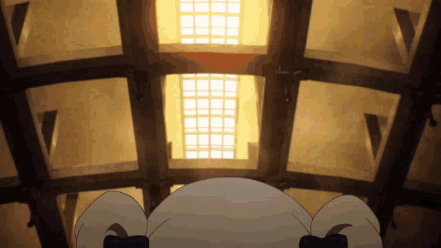 a cartoon character with a bow on her head looking up at a window