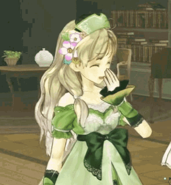 a girl with a flower in her hair is wearing a green dress