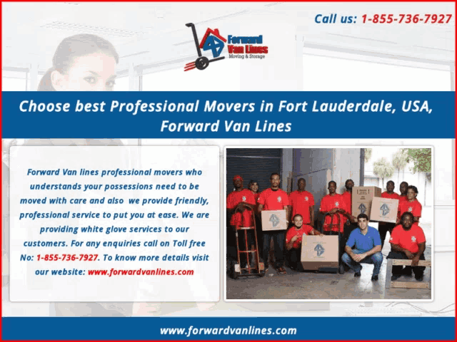 an advertisement for forward van lines shows a group of movers