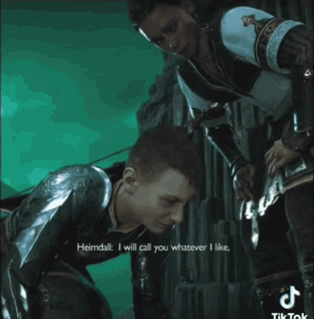 a man in armor is kneeling down next to another man and says " heimdall "