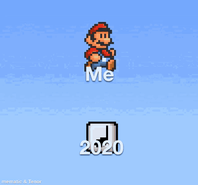 a pixel art of mario next to a 2020 icon