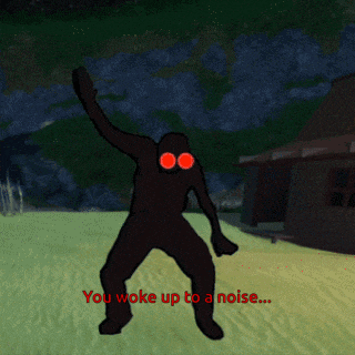 a drawing of a monster with red eyes and the words " you woke up to a noise "