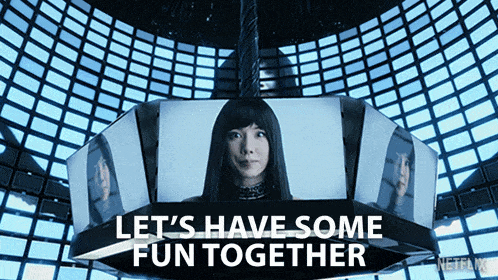 a sign that says let 's have some fun together with a woman on it