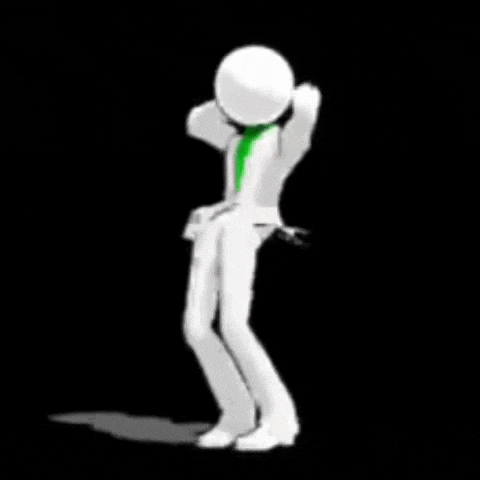 a 3d man in a white suit and green tie is dancing with a ball on his head .
