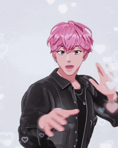 a drawing of a boy with pink hair and black jacket