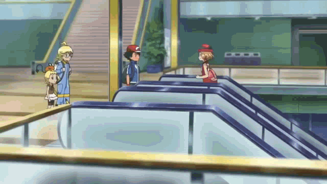a group of cartoon characters are standing on an escalator talking to each other