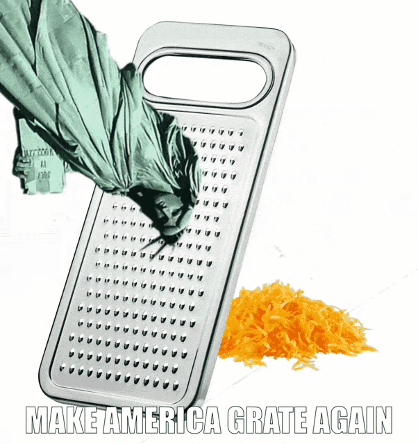 a grater next to a pile of shredded carrots with the words make america grate again below it