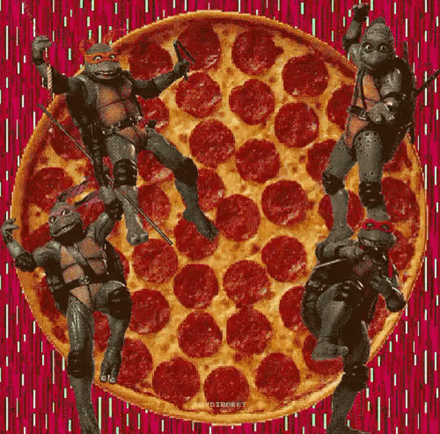 a group of teenage mutant ninja turtles dancing around a pizza