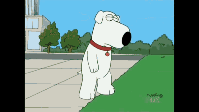 a cartoon dog with a red collar is standing on a sidewalk in front of a fox logo
