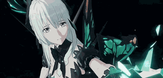 a girl with white hair and green wings is standing in the dark holding a sword .