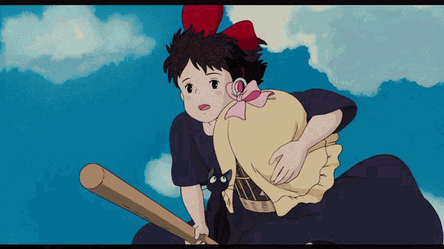 a cartoon girl is flying on a broom with a black cat on her back