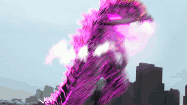a purple monster is flying through the air in front of a city skyline