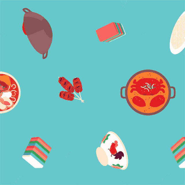 a seamless pattern of food on a blue background including a plate of food