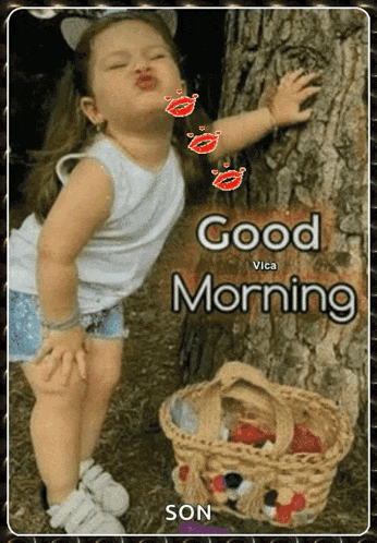 a picture of a little girl kissing a tree with good morning written on the bottom