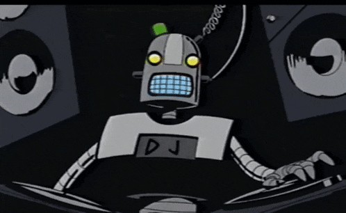 a cartoon drawing of a robot with a dj shirt on