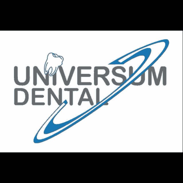a logo for universal dental with a tooth and a blue circle