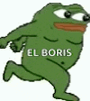 a cartoon frog with the words `` el boris '' on it is running .