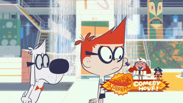 a cartoon character standing next to a sign that says " comedy hour "
