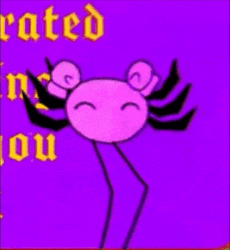 a cartoon axolotl with horns is standing on a purple background
