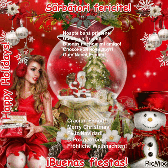 a christmas greeting card with a woman in a red dress and a snowman