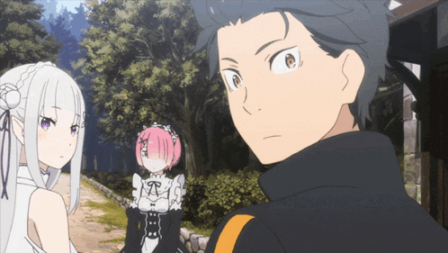 a group of anime characters including a man and two girls