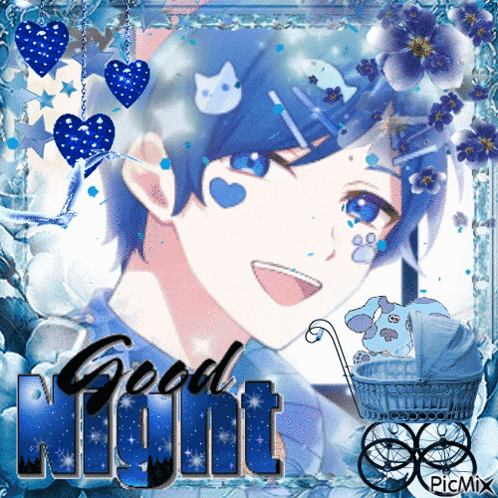 a picture of a boy with blue hair and the words good night on it