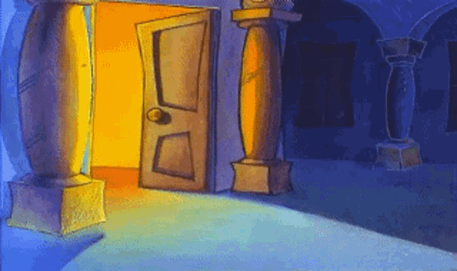 a cartoon drawing of a room with a door open