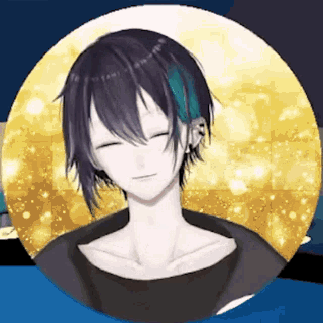 a boy with purple hair and blue earring is smiling in a circle .