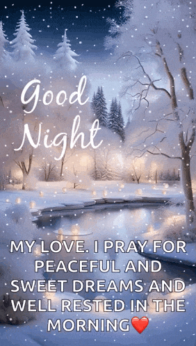 a good night message with a picture of a snowy forest and a river .