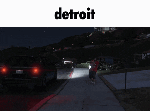 a person walking down a street with the word detroit on the bottom