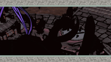 a drawing of a person with purple hair standing on a brick walkway