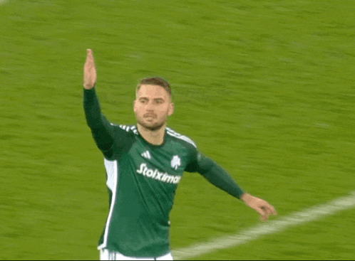 a soccer player wearing a green stoiximan jersey