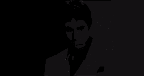 a black and white poster for scarface with a man 's face