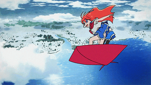 a girl with red hair is flying on a red paper airplane over a body of water