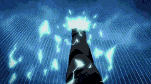 a pixel art drawing of a person holding a lightning bolt