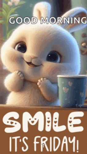 a bunny with a cup of coffee and the words good morning smile it 's friday