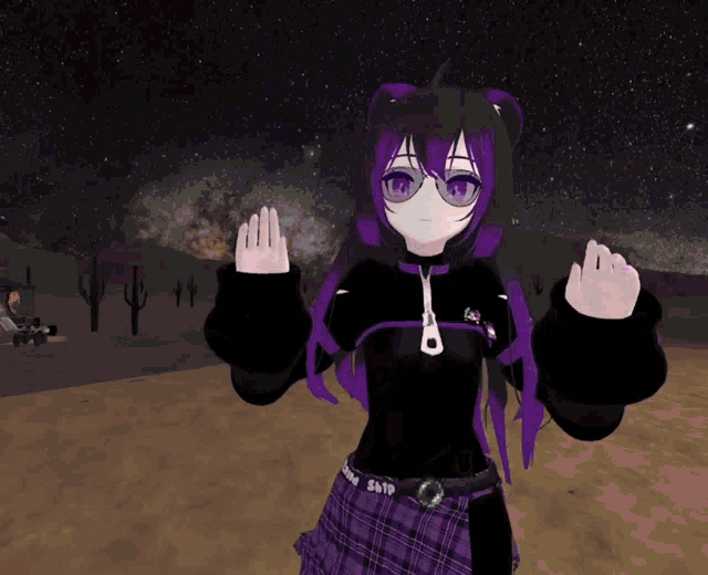 a girl with purple hair is wearing a black and purple outfit with a belt that says snp on it
