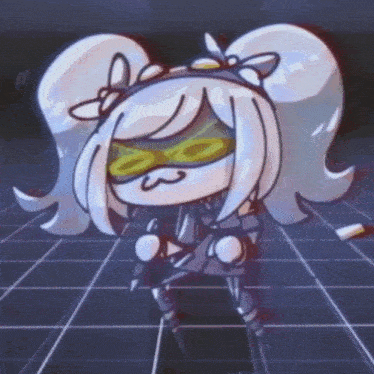 a cartoon of a girl wearing sunglasses is dancing on a grid background .